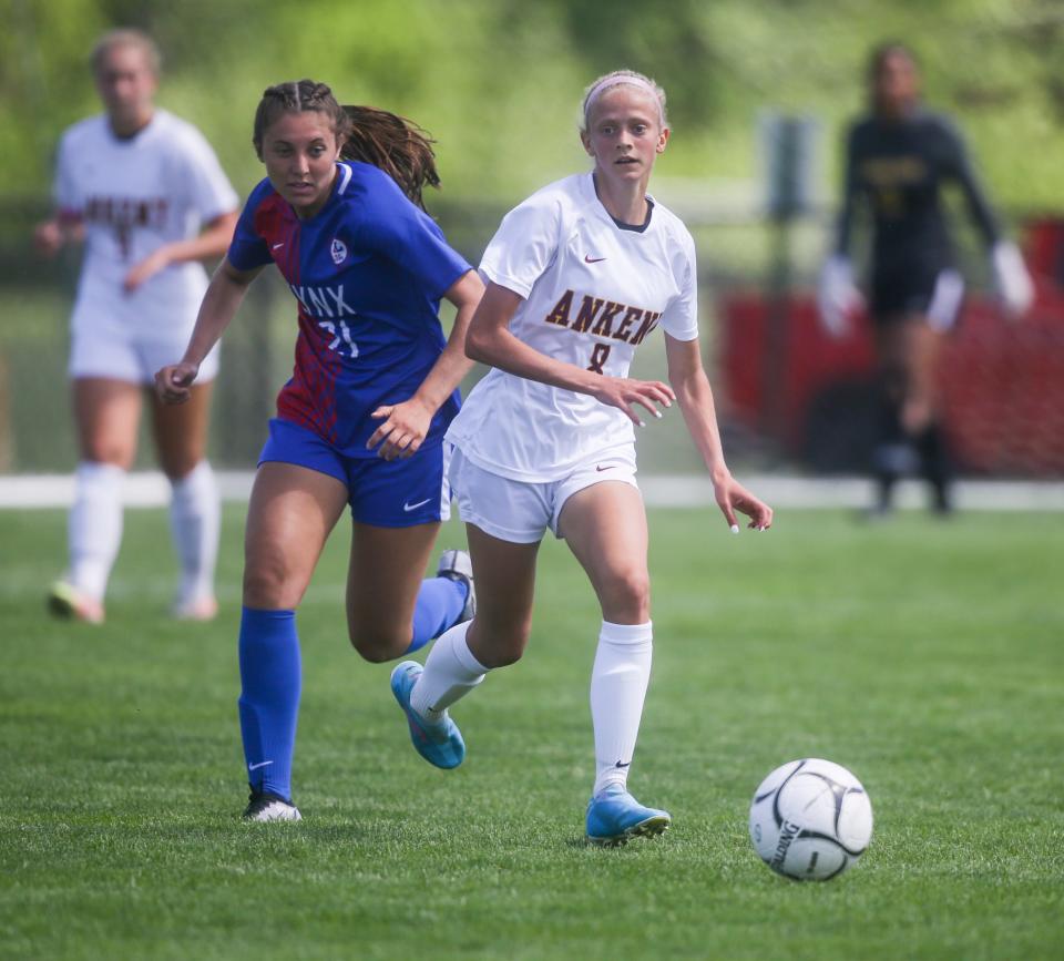 Ankeny's Alli Macke (8), seen here in a game in 2022, has 10 goals on the season for the Hawks.
