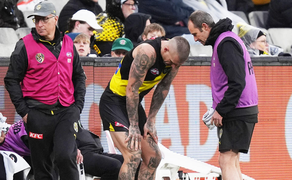 Dustin Martin, pictured here suffering back spasms in Richmond's loss to Carlton.