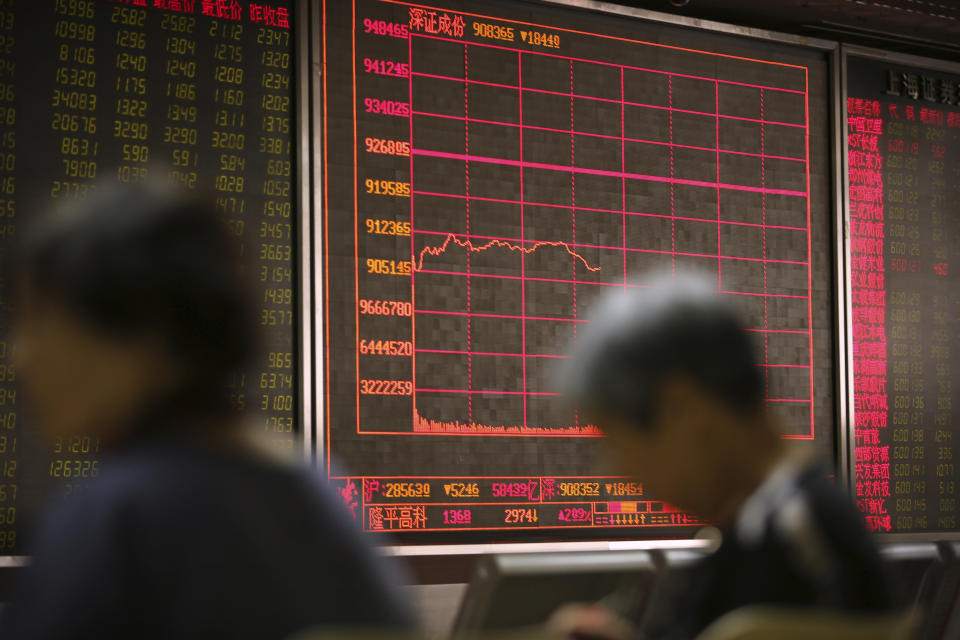 Chinese investors monitor stock prices at a brokerage house in Beijing, Friday, Aug. 2, 2019. Asian stock markets plunged Friday after President Donald Trump's surprise threat of tariff hikes on additional Chinese imports. (AP Photo/Mark Schiefelbein)