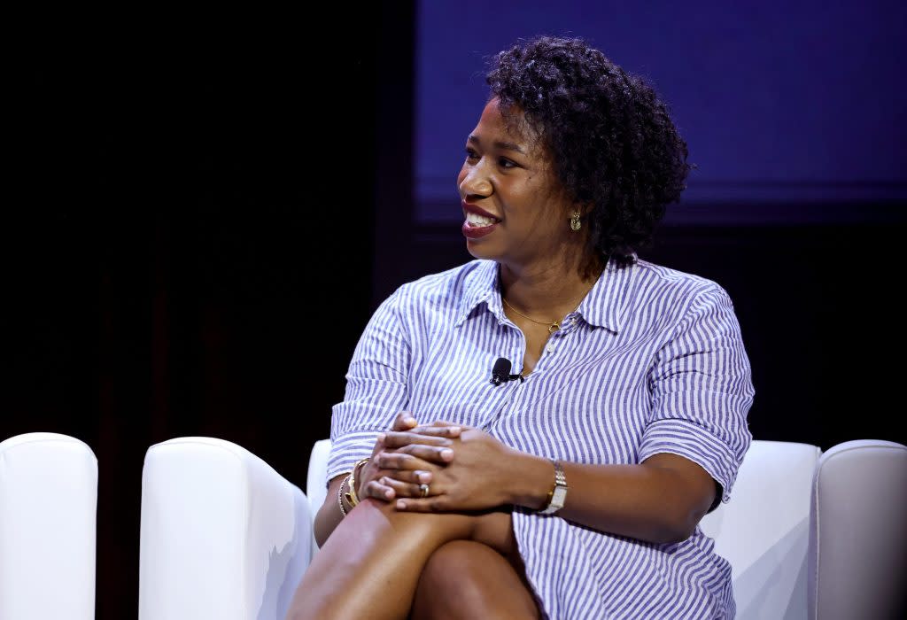 DANA POINT, CALIFORNIA - OCTOBER 25: Mented Cosmetics Co-Founder & COO Amanda E. Johnson Morrison speaks onstage during The 2022 MAKERS Conference at Waldorf Astoria Monarch Beach on October 25, 2022 in Dana Point, California. (Photo by Emma McIntyre/Getty Images for The MAKERS Conference)