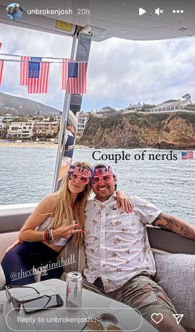 <p>Josh Hall/Instagram</p> Christina and Josh Hall posing on a boat during 4th of July celebrations.