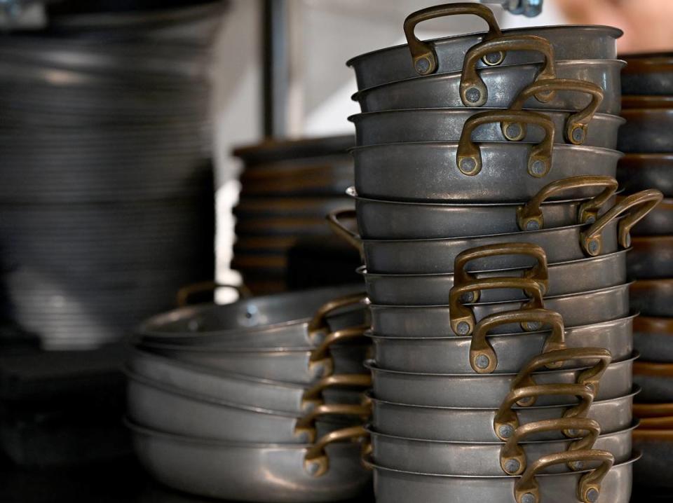 Pots stacked at Taverna Toscana at 1301 Sixth Ave. W. on Friday, May 10, 2024.