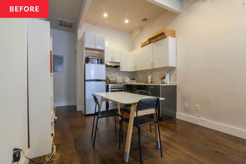 Before: a rectangular table in the middle of the kitchen