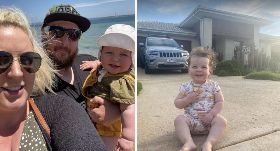 Nicole Pilbeam and her family (left) and Nicole's daughter outside their Thornhill Park house (right)