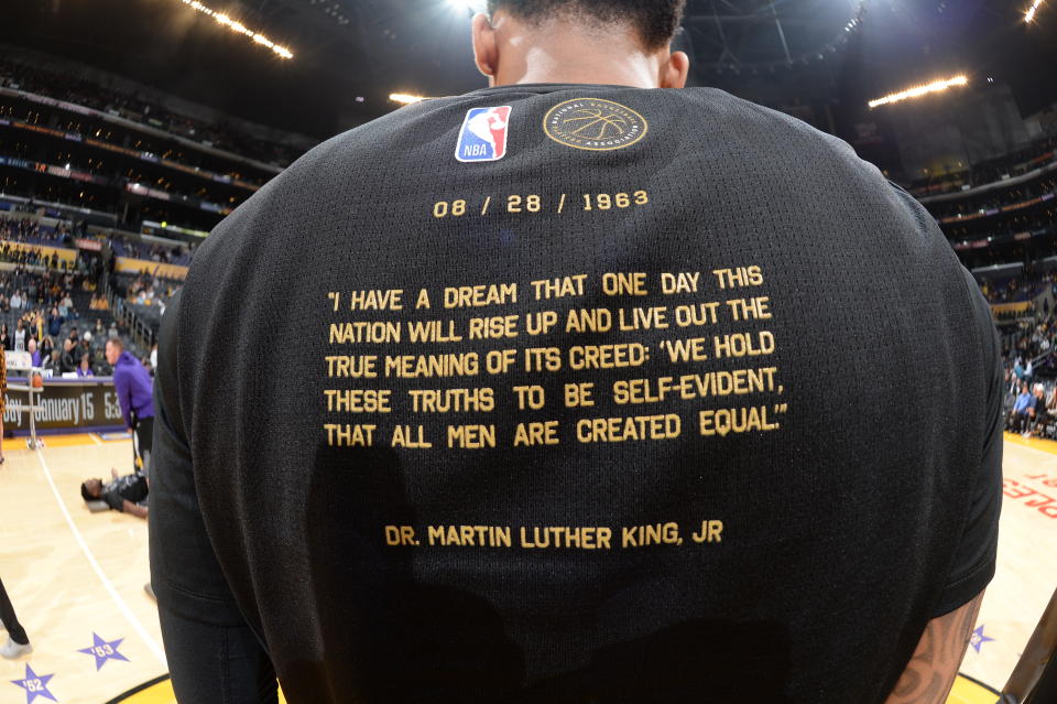 A closer look at the back of the NBA’s Martin Luther King Jr. holiday warmup shirts. (Getty)