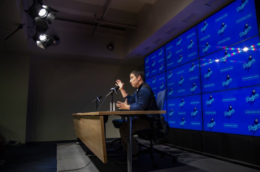 Dodgers President of Baseball Operations Andrew Friedman speaks during a news conference at Dodger Stadium on Oct. 14