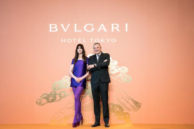 Anne Hathaway attends a press conference during the Bvlgari Hotel Tokyo opening.