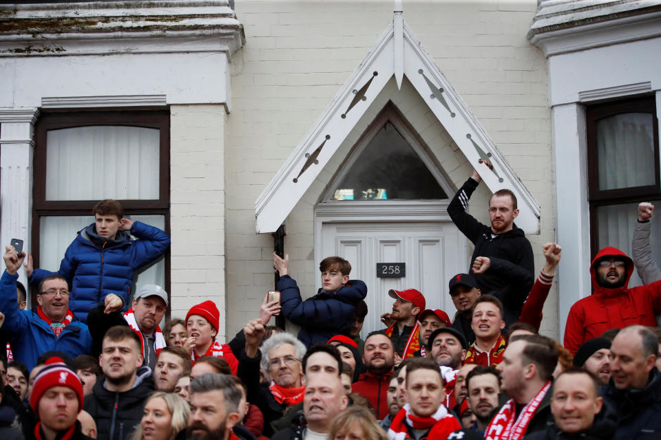 <p>Soccer Football – Champions League Quarter Final First Leg – Liverpool vs Manchester City – Anfield, Liverpool, Britain – April 4, 2018 Liverpool fans outside the stadium before the match Action Images via Reuters/Carl Recine </p>