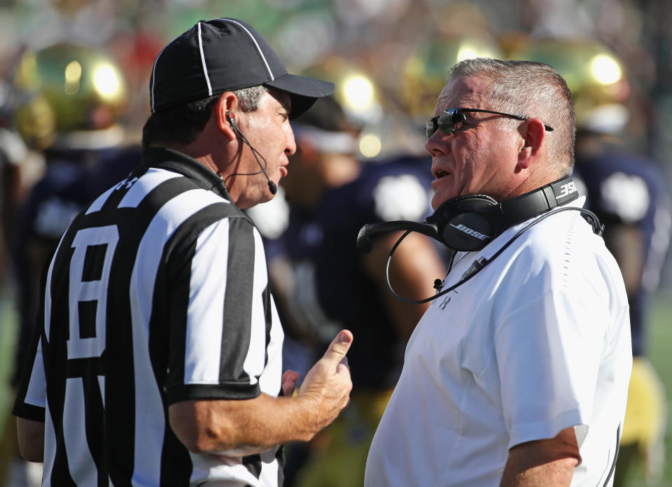 Notre Dame’s Brian Kelly is unhappy with Vanderbilt’s defense going low. (Getty)