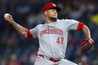 Cincinnati Reds starting pitcher Frankie Montas delivers during the second inning of the team's baseball game against the Philadelphia Phillies, Wednesday, April 3, 2024, in Philadelphia. (AP Photo/Chris Szagola)