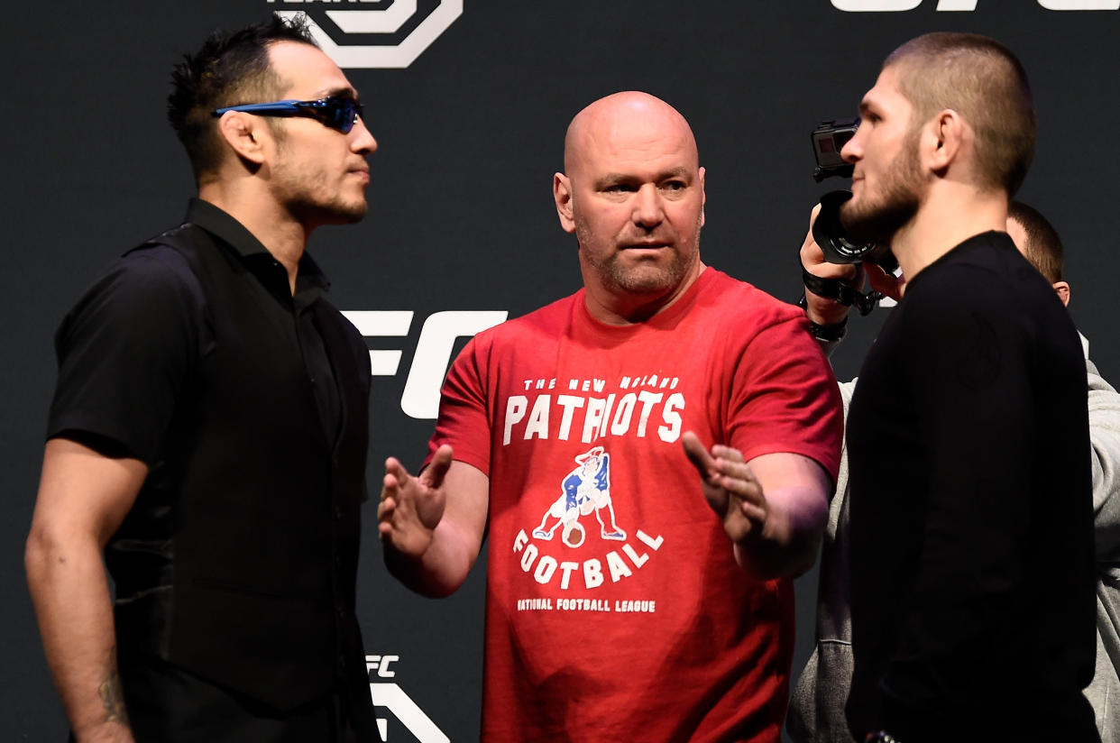 Tony Ferguson (left) and Khabib Nurmagomedov will meet for the UFC lightweight title in April. (Photo by Jeff Bottari/Zuffa LLC/Zuffa LLC via Getty Images)