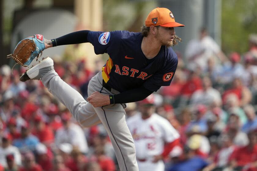 Houston Astros pitcher Josh Hader throws during the fifth inning of a spring training.