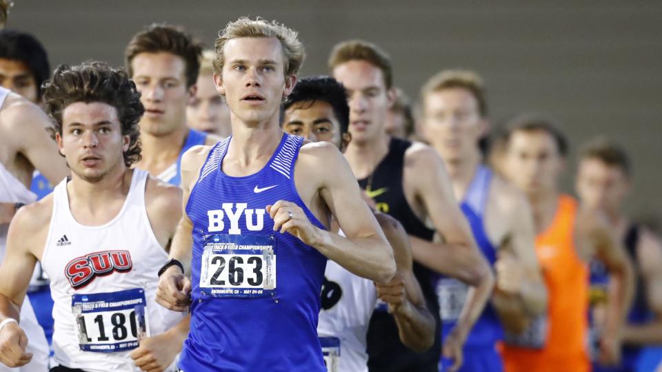 Clayton Young leads the pack in the 5,000-meter run at the NCAA West Prelims. Saturday he will be competing in the 2024 Olympic Marathon Trials in Orlando. | BYU Photo