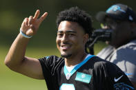 Carolina Panthers quarterback Bryce Young arrives at the NFL football team's training camp on Wednesday, July 26, 2023, in Spartanburg, S.C. (AP Photo/Chris Carlson)
