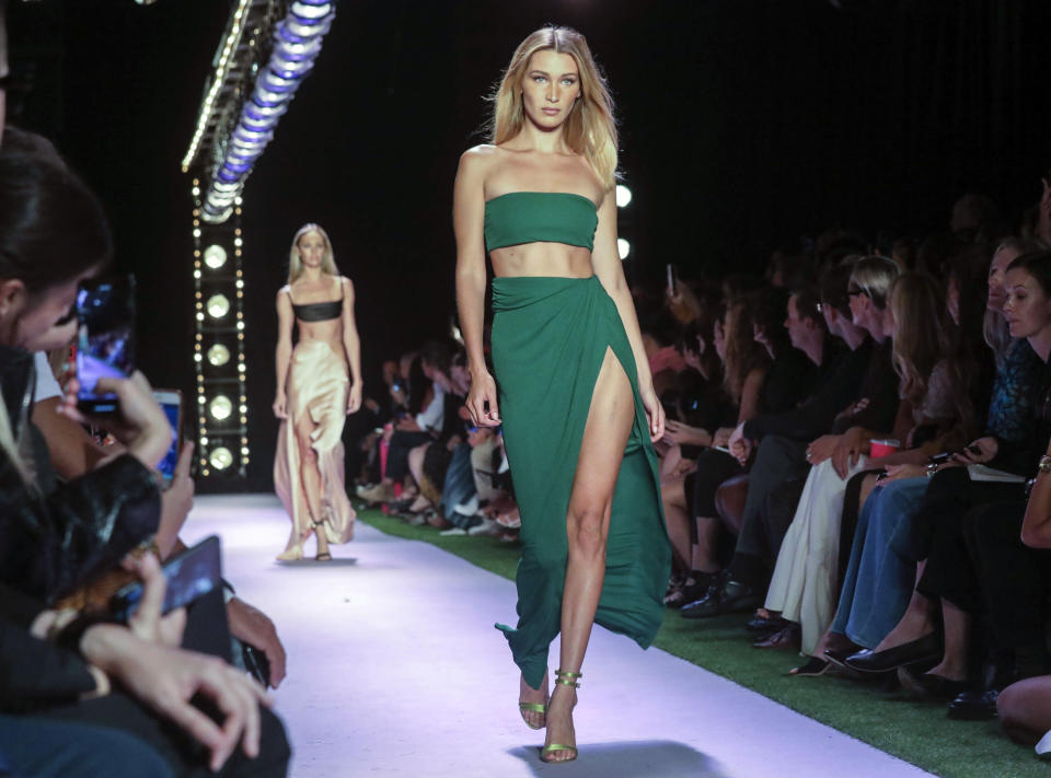 The latest fashion creation from Brandon Maxwell is modeled during New York Fashion Week, Saturday, Sept. 7, 2019, in the Brooklyn borough of New York. (AP Photo/Bebeto Matthews)