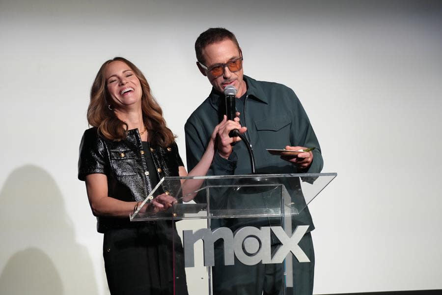 Producer Susan Downey still laughs at husband Robert Downey Jr.’s jokes as the two speak onstage at Max’s “Downey’s Dream Cars” “Tastemaker Event” at Petersen Automotive Museum Los Angeles. (Jeff Kravitz/FilmMagic for Max)