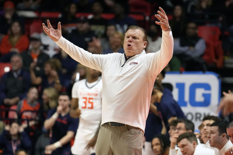 Illinois head coach Brad Underwood reacts off the bench during the second half of an NCAA college basketball game against Minnesota Wednesday, Feb. 28, 2024, in Champaign, Ill. Illinois won 105-97. (AP Photo/Charles Rex Arbogast)