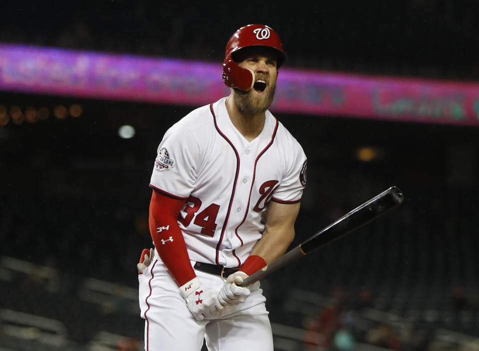 Bryce Harper hit what may the most remarkable home run of his career on Monday, breaking his bat completely in two with a swing that sent the ball over the right-center field wall. (AP)