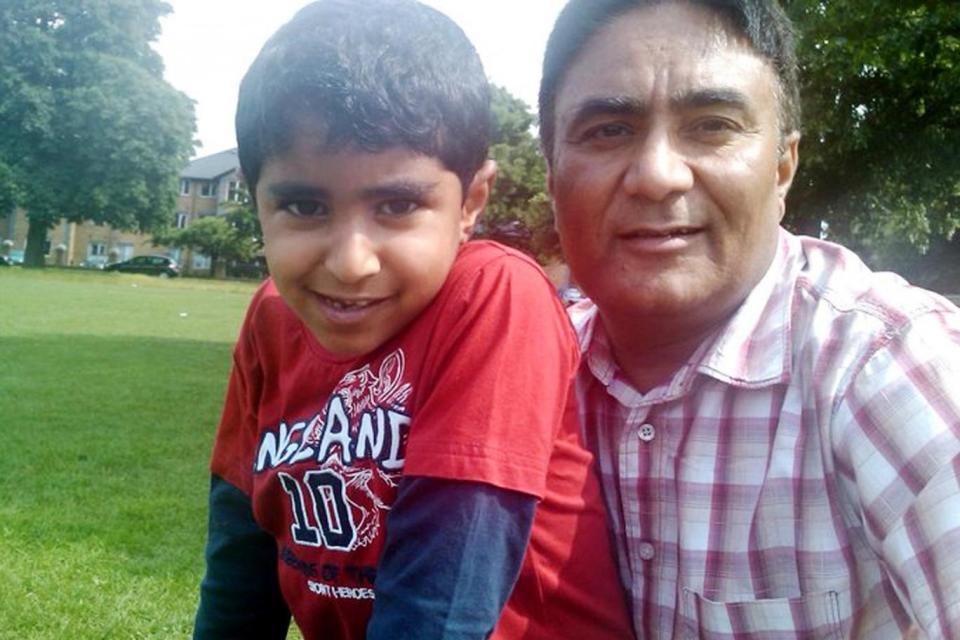 Karanbir, 13, pictured with his father Amarjeet Cheema, 53