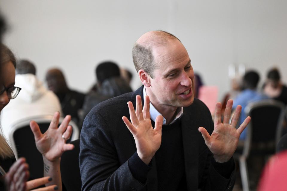 Britain's Prince William visits a Homewards Sheffield Local Coalition meeting, at the Millennium Gallery, in Sheffield, England, Tuesday, March 19, 2024. (Temilade Adelaja/PA via AP)