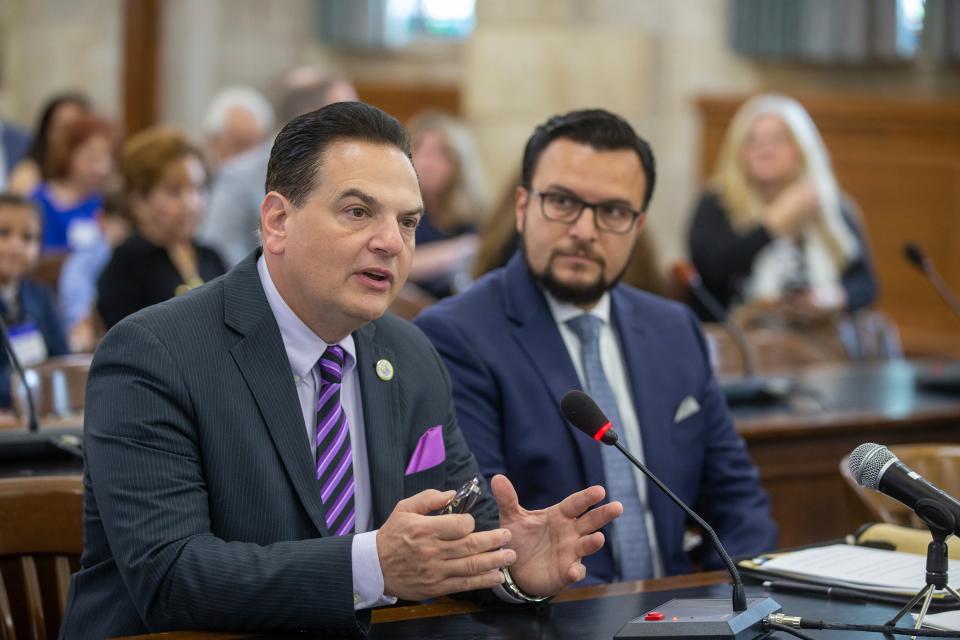 Senate President Nicholas P. Scutari speaks on behalf of Michael Noriega of Fanwood, potential associate justice of the New Jersey Supreme Court, as Noriega is interviewed by the Senate Judiciary Committee in the State House Annex in Trenton, NJ Monday June 26, 2023. 