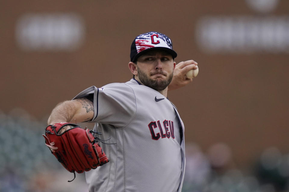 Cleveland Guardians starting pitcher Konnor Pilkington during the first inning of the second baseball game of a doubleheader, Monday, July 4, 2022, in Detroit. (AP Photo/Carlos Osorio)