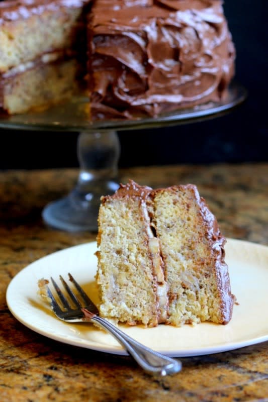 <p>This Banana Layer Cake is two moist, banana-flavored layers filled and frosted with a lusciously creamy Chocolate Cream Cheese Frosting. Enhance the banana flavor with a layer of bananas between the cakes! <a href="http://www.bakerita.com/banana-layer-cake-chocolate-cream-cheese-frosting/" rel="nofollow noopener" target="_blank" data-ylk="slk:Get the recipe here.;elm:context_link;itc:0;sec:content-canvas" class="link ">Get the recipe here.</a></p>