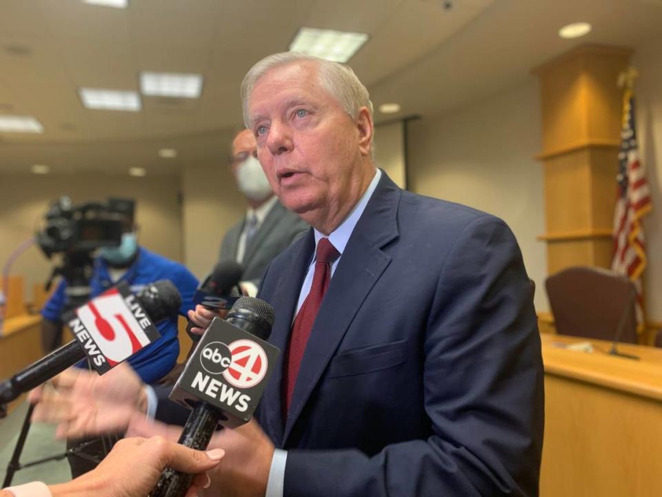 U.S. Sen. Lindsey Graham, R-S.C., speaks to members of the media after a roundtable discussion on infrastructure in North Charleston Monday, Sept. 27, 2021.