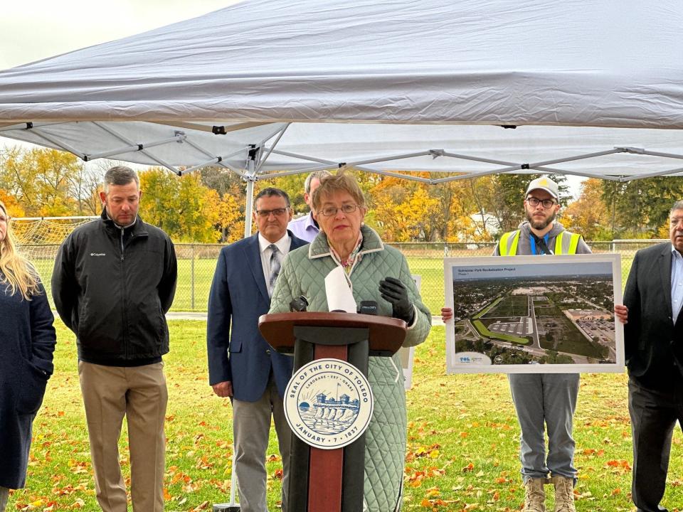 Kaptur at a press conference taunting federal investments in the Great Lakes region in Toledo, OH on October 26, 2022.