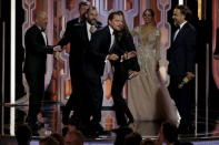 Cast member Leonardo DiCaprio speaks after "The Revenant" won Best Motion Picture, Drama, at the 73rd Golden Globe Awards in Beverly Hills, California January 10, 2016. REUTERS/Paul Drinkwater/NBC Universal/Handout