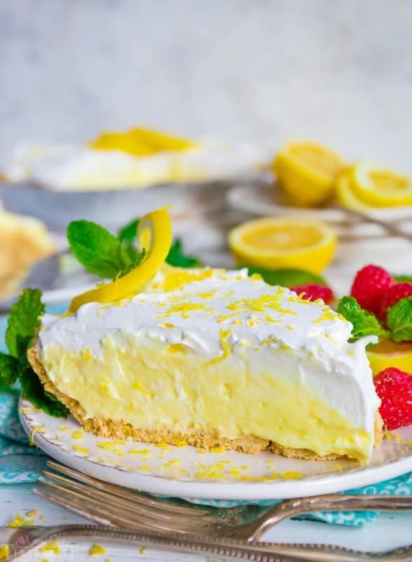 <p>Mom on Timeout</p><p>Loaded with tart lemon flavor, the creamy lemon filling goes perfectly with the Graham cracker crust and fresh whipped cream topping.</p><p><strong>Get the recipe: <a href="https://www.momontimeout.com/no-bake-lemon-pie/" rel="nofollow noopener" target="_blank" data-ylk="slk:No-Bake Lemon Pie;elm:context_link;itc:0;sec:content-canvas" class="link ">No-Bake Lemon Pie</a></strong></p>