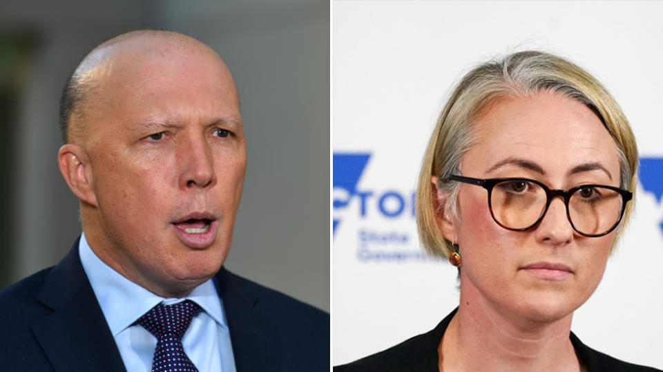 Peter Dutton (left) has called for Dr Annaliese van Diemen (right) to be sacked after she compared COVID-19 to Captain Cook. Source: AAP