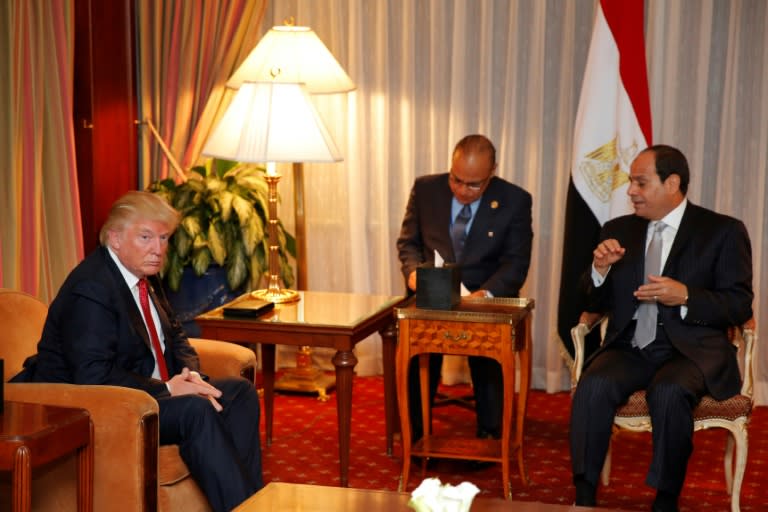 Then-Republican presidential candidate Donald Trump (L) first met Egyptian President Abdel Fattah el-Sisi at the Plaza Hotel in New York in September 2016