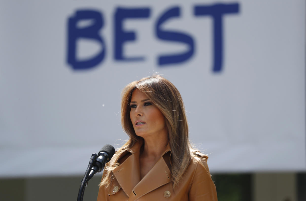 U.S. first lady Melania Trump delivers remarks at the “launch of her Be Best initiatives in the Rose Garden of the White House in Washington, U.S., May 7, 2018. (Photo: Kevin Lamarque/Reuters)