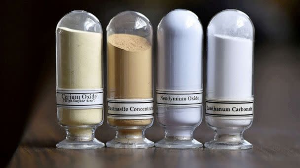 PHOTO: Samples of rare earth minerals, from left, Cerium oxide, Bastnaesite, Neodymium oxide and Lanthanum carbonate at Molycorp's Mountain Pass Rare Earth facility in Mountain Pass, Calif., June 29, 2015. (David Becker/Reuters, FILE)