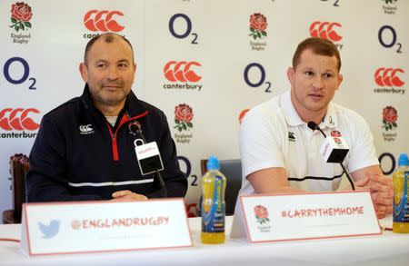 Rugby Union - England Press Conference - Pennyhill Park Hotel, Bagshot, Surrey - 17/3/16 England head coach Eddie Jones and Dylan Hartley during a press conference Action Images via Reuters / Henry Browne Livepic