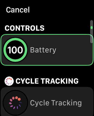 Screenshot of complications options with WatchOS 9 on Apple Watch Series 8.