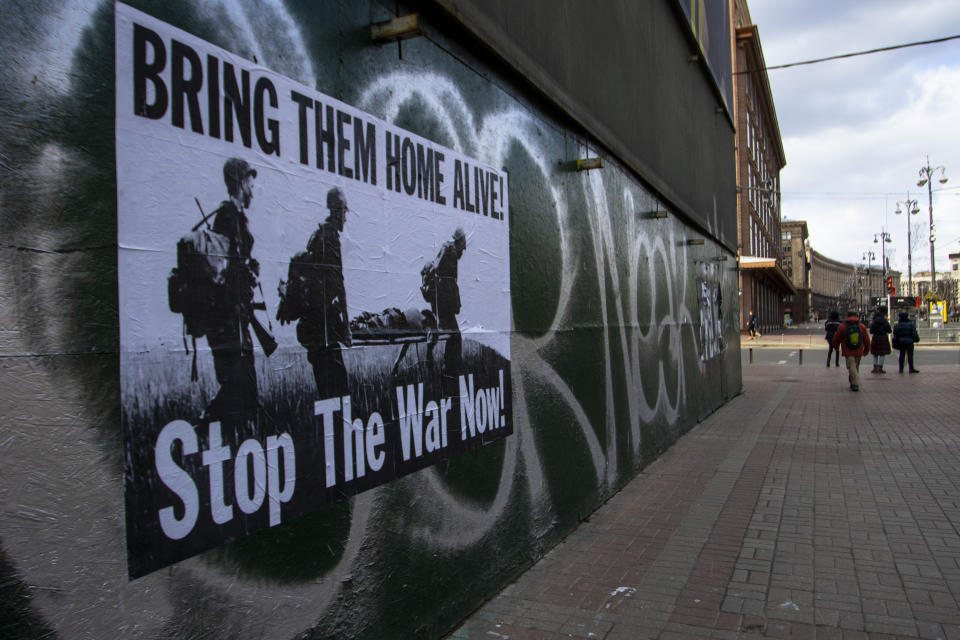 A sign in Ukraine reads Stop The War now