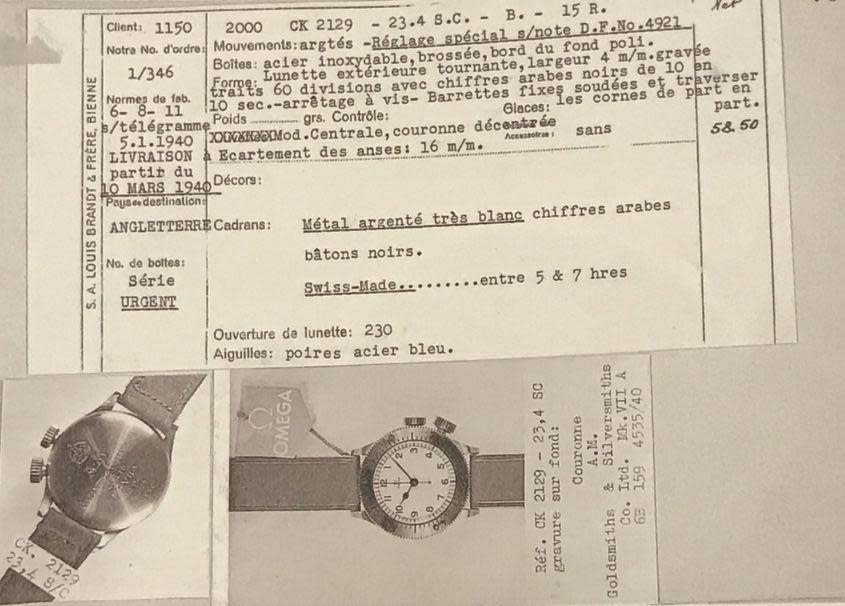 這張歐米茄博物館裡珍藏的英國皇家空軍訂單，清楚說明手錶的訂單日期、數量、交貨日期，還有手錶的細節。