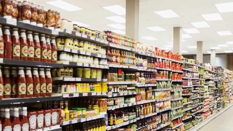 Condiments on grocery store shelves 