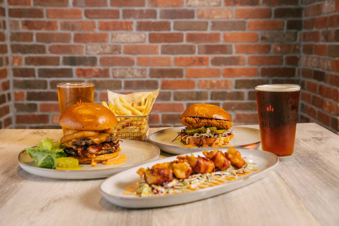 Burgers, a crispy chicken sandwich with hot honey and bacon-wrapped shrimp are on the menu at Blast & Brew in Fresno.