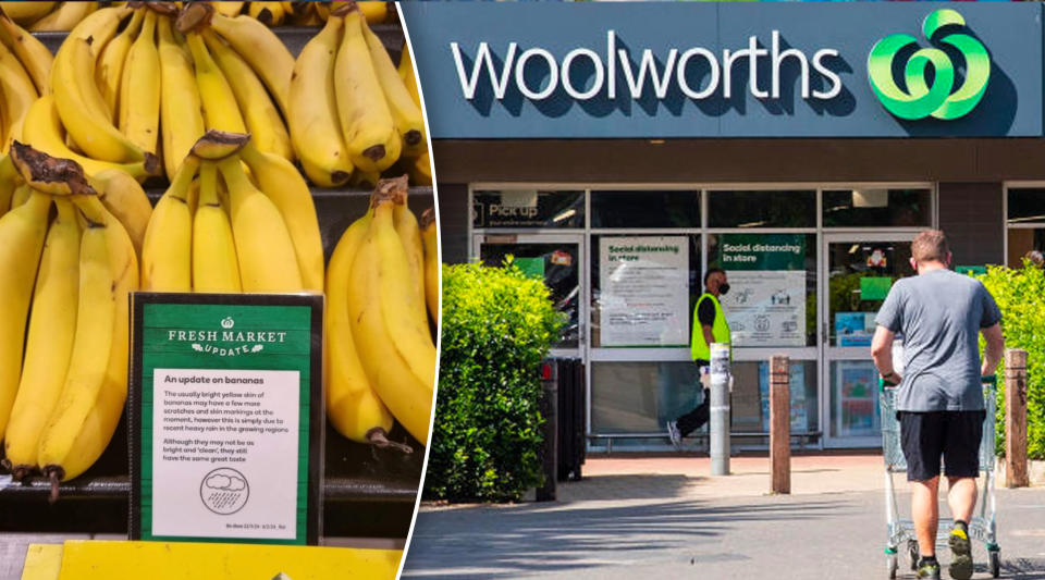 Woolworths sign detailing why damaged bananas are on shelves and an inset of a man pushing a trolley into a Woolworths store.