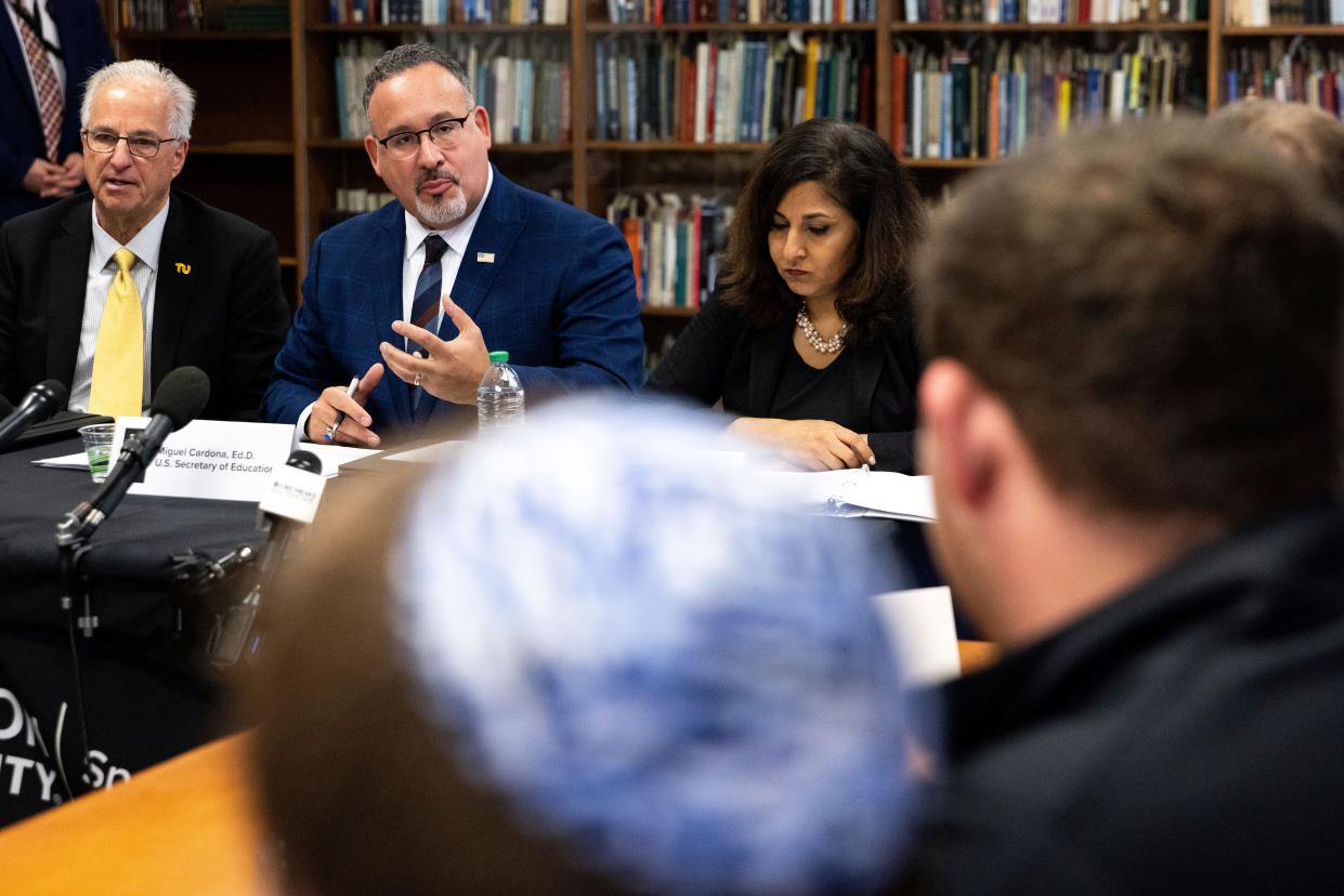 Education Secretary Miguel Cardona, domestic policy adviser Neera Tanden and Towson University president Mark Ginsberg meet with students during a visit to Towson University to discuss antisemitism on college campuses, Thursday, Nov. 2, 2023, in Towson, Md.
