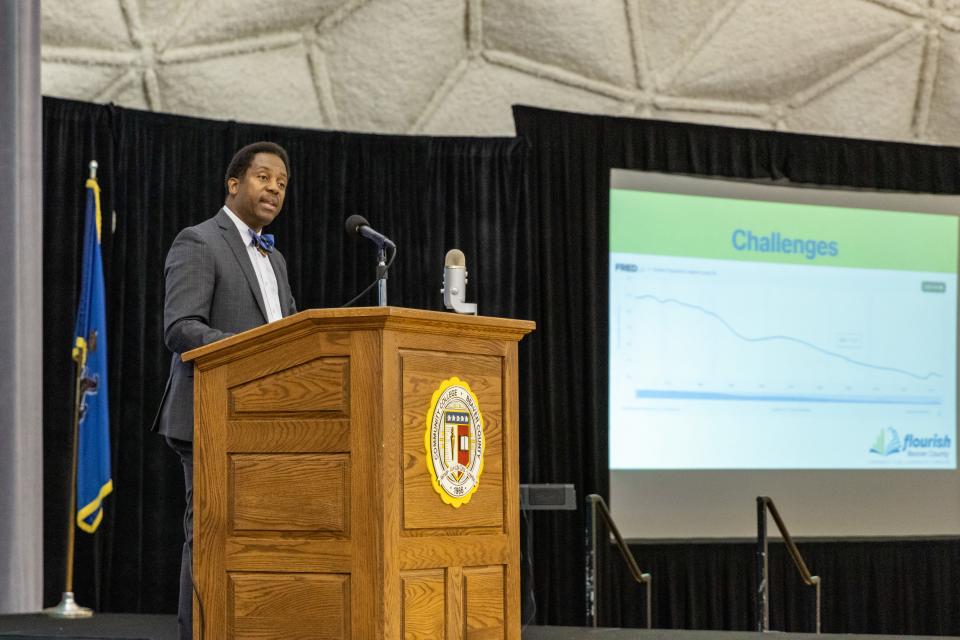 Community College of Beaver County President Roger Davis discusses the goals of Flourish Beaver County on August 30, 2023.