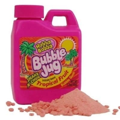 A Hubba Bubba Bubble Jug with a bit of the powdery gum in front of it