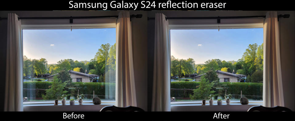 Comparing before and after using the reflection eraser on the Samsung Galaxy S24 Ultra