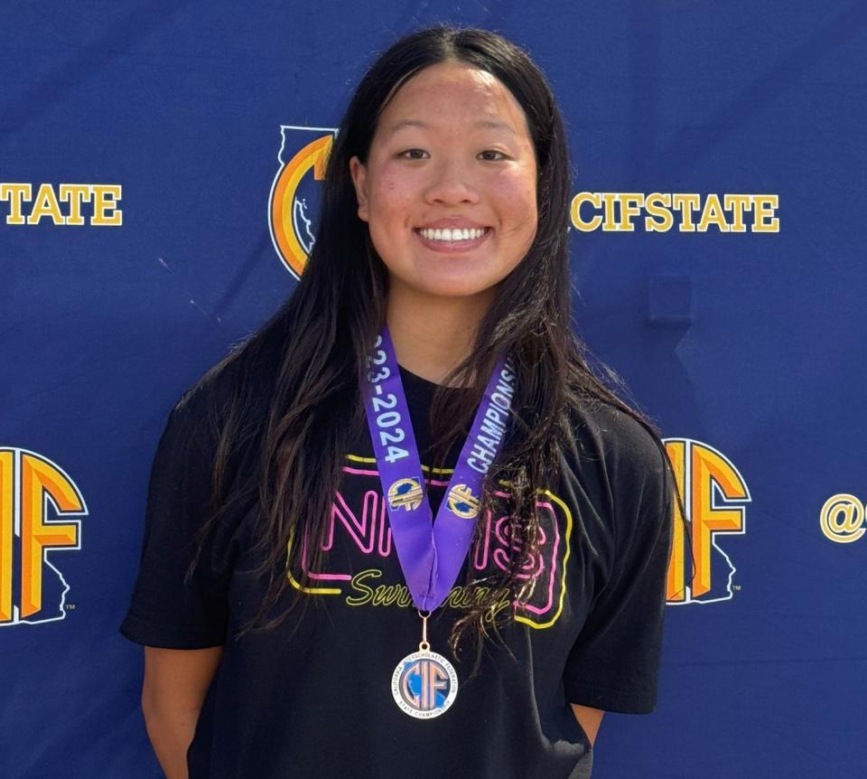 Newbury Park sophomore Megan Wang placed seventh in the 100 backstroke at the CIF-State Swimming & Diving Championships at Clovis Olympic Swim Complex on Saturday, May 11, 2024