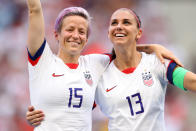 LYON, FRANCE - JULY 07: Megan Rapinoe of the USA celebrates with teammate Alex Morgan after winning the 2019 FIFA Women's World Cup France Final match between The United States of America and The Netherlands at Stade de Lyon on July 07, 2019 in Lyon, France. (Photo by Richard Heathcote/Getty Images)