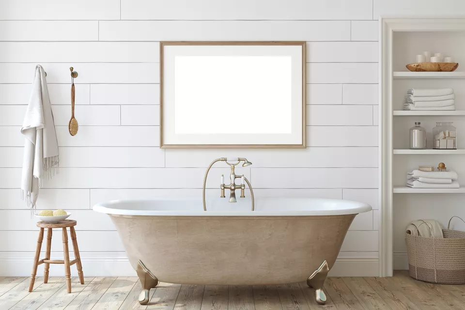 White Shiplap Walls in a Chic Bathroom 