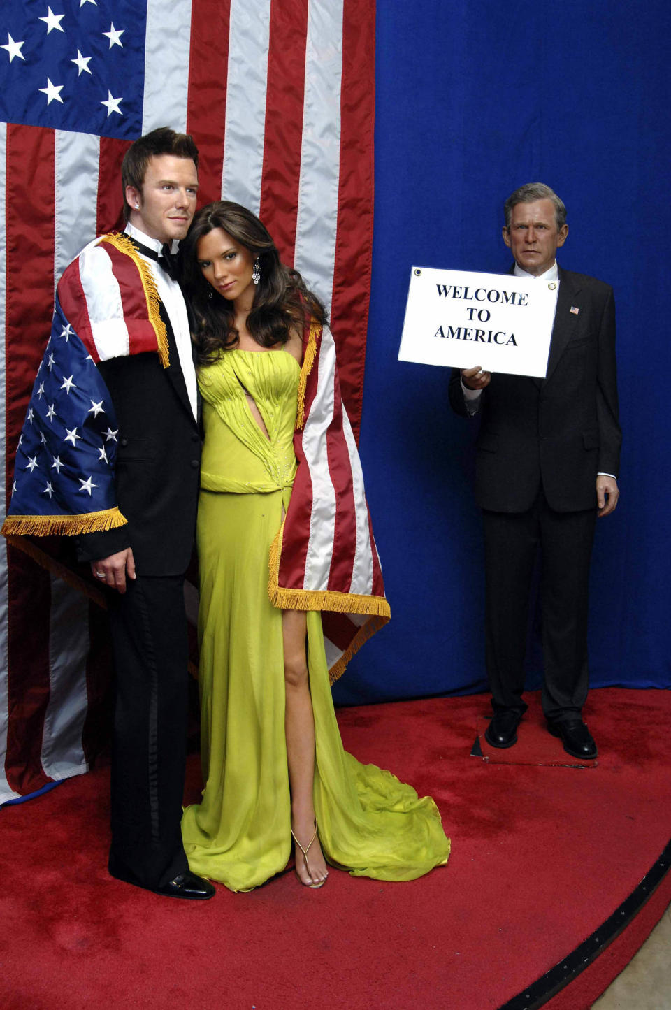 David Beckham and Victoria Beckham Wax Figures welcomed by George W. Bush Wax Figure to Madame Tussauds,New York City BRIAN ZAK. (Brian ZAK / Gamma-Rapho via Getty Images)